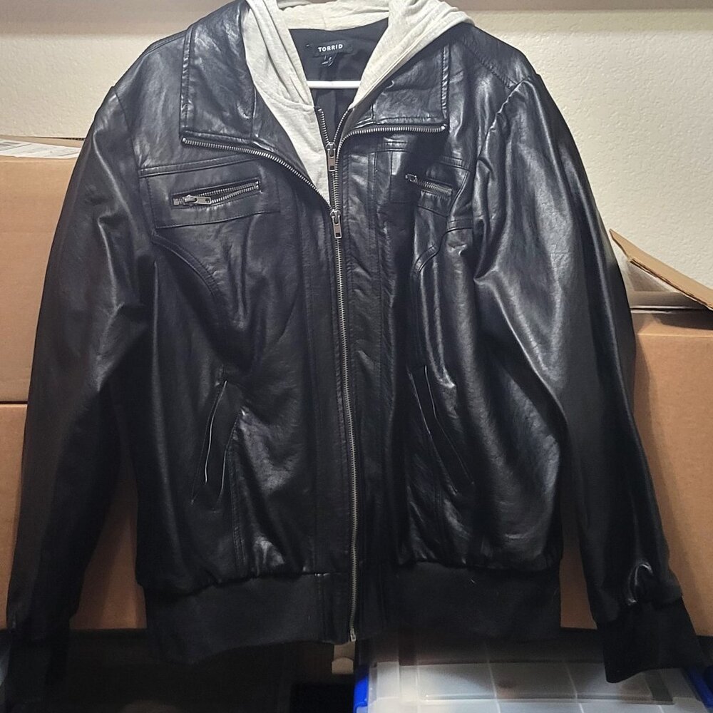 Faux Leather Motto Jacket with Grey Hoodie Inset